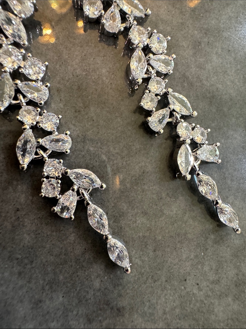 Crystal CZ Leaf Drop Earrings - Silver Tone 2.5” drop dangle - Picture 5 of 5